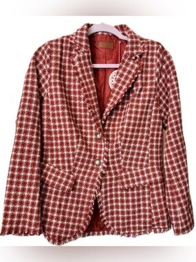 Umgee Tweed Blazer Red White Frayed Edge Jacket Small Parisian Style NWOT